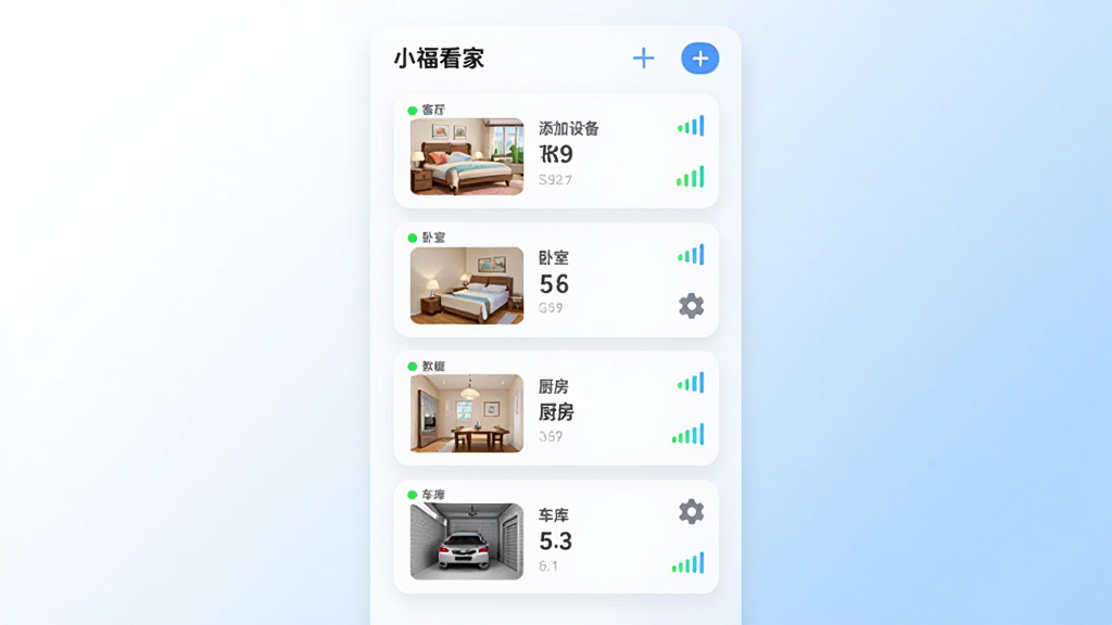 ��������չʾ��С�����ҡ��豸�������棬���������������ĸ�����ͷ��Ƭ���ֱ��ע���������ҡ����������⣬ÿ����Ƭ��������״̬�̵������ͼ������Ϊ��ɫ��ǳ��ɫ���䣬������У��������룬���Ϊ��ˬ��ƬʽUI�廭��ϸ�ڰ��������豸�ӺŰ�ť�����ó���ͼ�ꡢ�ź�ǿ�����������������ɾ����޶���Ԫ��