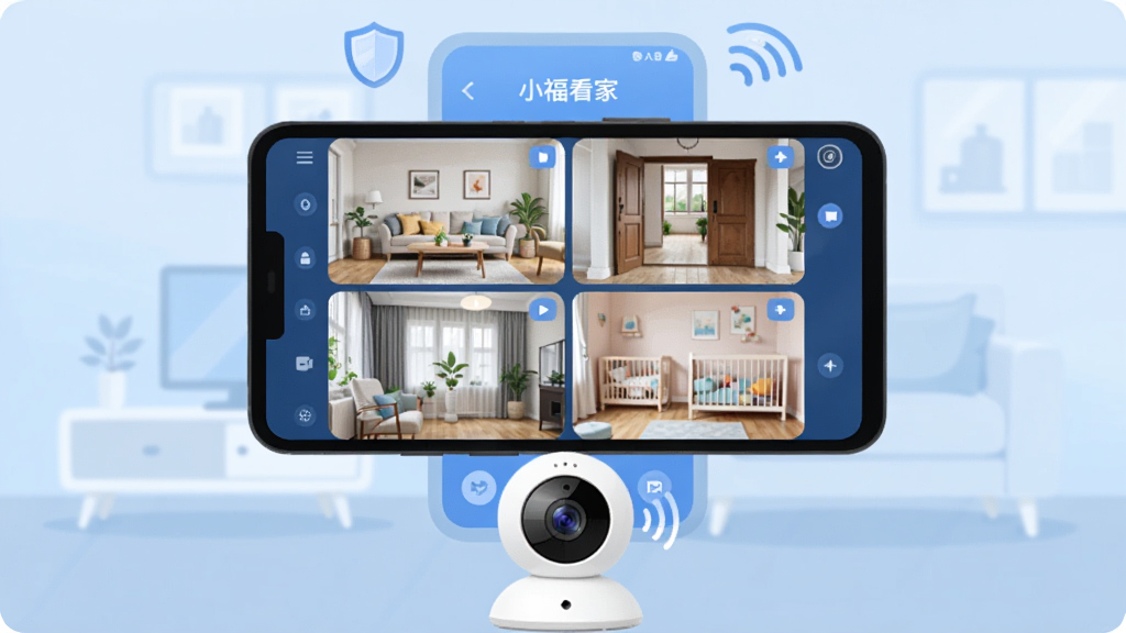 �����������һ����׿�ֻ����ֻ���Ļ����ʾ��С�����ҡ�APP�����棬���������ĸ���ػ���С���ڣ��ֱ���ʾ�������ſڡ���̨��Ӥ�����������ֻ��·��ڷ�һ̨��ɫ������������ͷ������Ϊǳ��ɫ����Ҿӻ���������ͻ�������־��С��Ű��࣬���Ϊ�Ƽ��б�ƽ�廭��ϸ�ڰ����źŲ��ơ�����ͼ�ꡢ���Ű�ť��Ԫ�أ������������ɾ����޶���Ԫ��