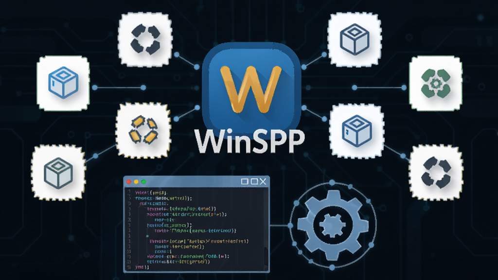 WinSCP ��Э�������ű��Զ�������ͼ������չʾ���Э��ͼ��Χ�� WinSCP ��־���·��нű����봰�ں��Զ�������ͼ�꣬����Ϊ��ɫ�Ƽ���񣬷��Ϊʸ���廭��ϸ�ڷḻ�������������ɾ��޶���Ԫ��