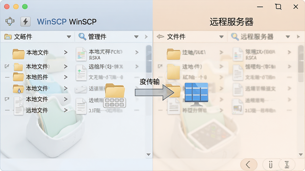 WinSCP ˫���ļ���������ʾ��ͼ������ע�������ļ����Ҳ��ע��Զ�̷����������м��м�ͷ��ʾ�ļ���ק���䣬����Ԫ�ذ����ļ���ͼ�ꡢ�ļ��б��͹�������ť�����Ϊ�ִ���ԼUI��ƣ�ɫ����ͣ����ʸ��壬�޶���װ��