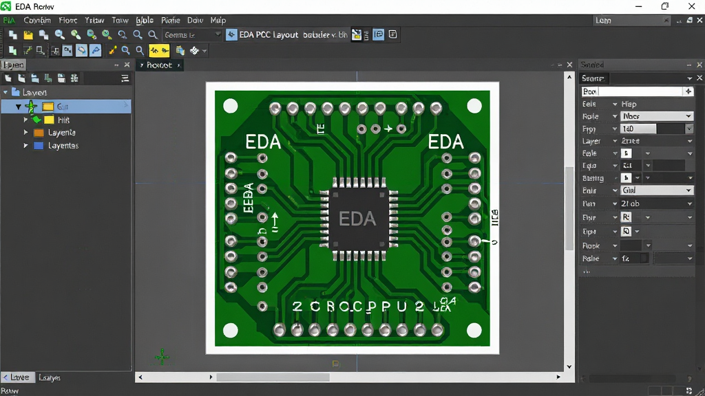 һ��չʾEDA PCB���ֲ��߹��ܵ�AI��ͼ������ΪEDA������PCB�༭���棬����Ϊ����չʾ��ɫӡ�Ƶ�·�岼�֣��Ϸ�Ϊ�˵��������Ϊͼ�������壬�Ҳ�Ϊ�������������Ű�רҵ�淶�����Ϊ��������Զ����������棬ϸ�ڰ���