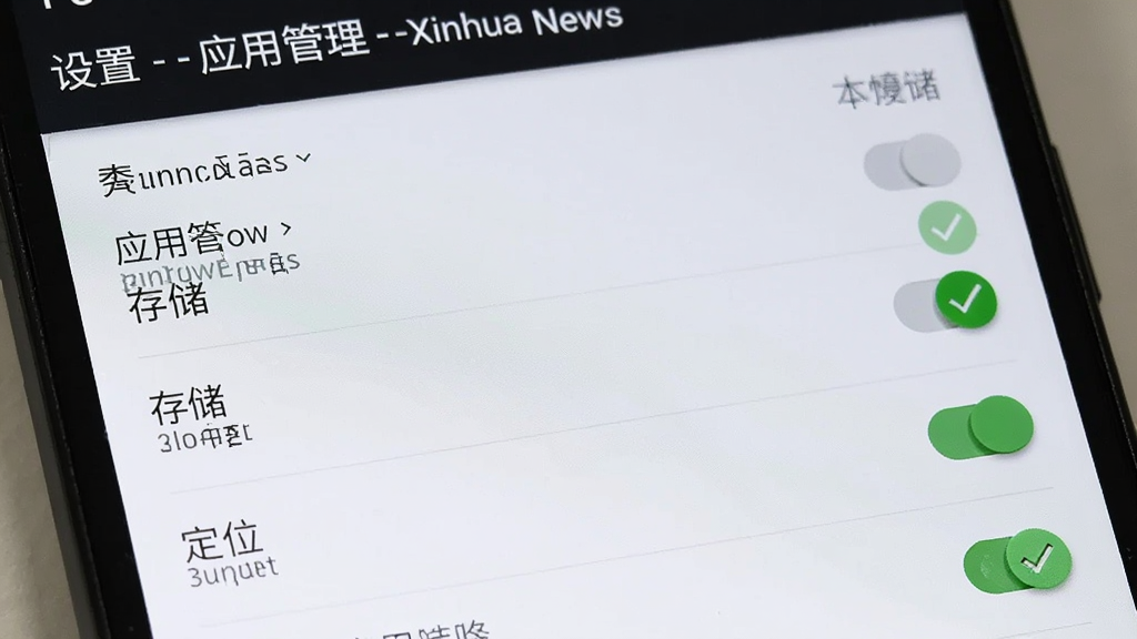 һ����׿�ֻ���Ļ��д����ʾ������-Ӧ�ù���-Xinhua News����Ȩ���б����棬������ע���洢���͡���λ��Ȩ�޿��أ�����Ϊ��ɫģʽ�����дʵUI��ͼ��ϸ�ڰ�������������ѡ�����ɫ�Թ�ͼ�꣬�����������ɾ��޶���Ԫ��