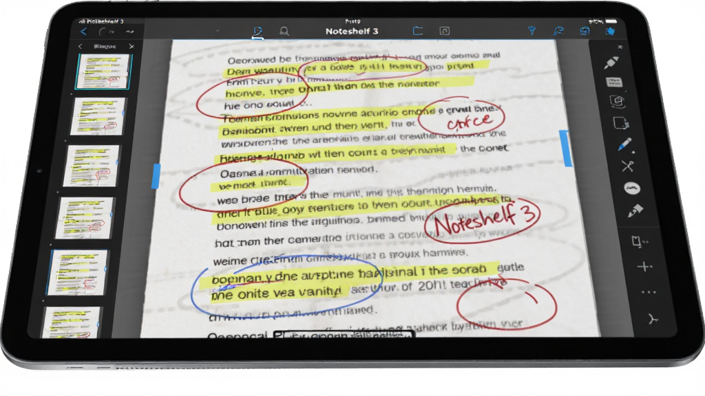 һ̨ƽ�������ʾ Noteshelf 3 ���ڶ�һ�� PDF �ĵ�������ע���ĵ����л�ɫӫ��ʱ�Ǻͺ�ɫ��дȦע����Ļ���������ͼ���������Ҳ��ǹ�������������ø��ӽǶȣ����������ϸ�ڰ���ֽ�������͹�����ͼ�꣬�����������ɾ��޶���Ԫ�ء�
