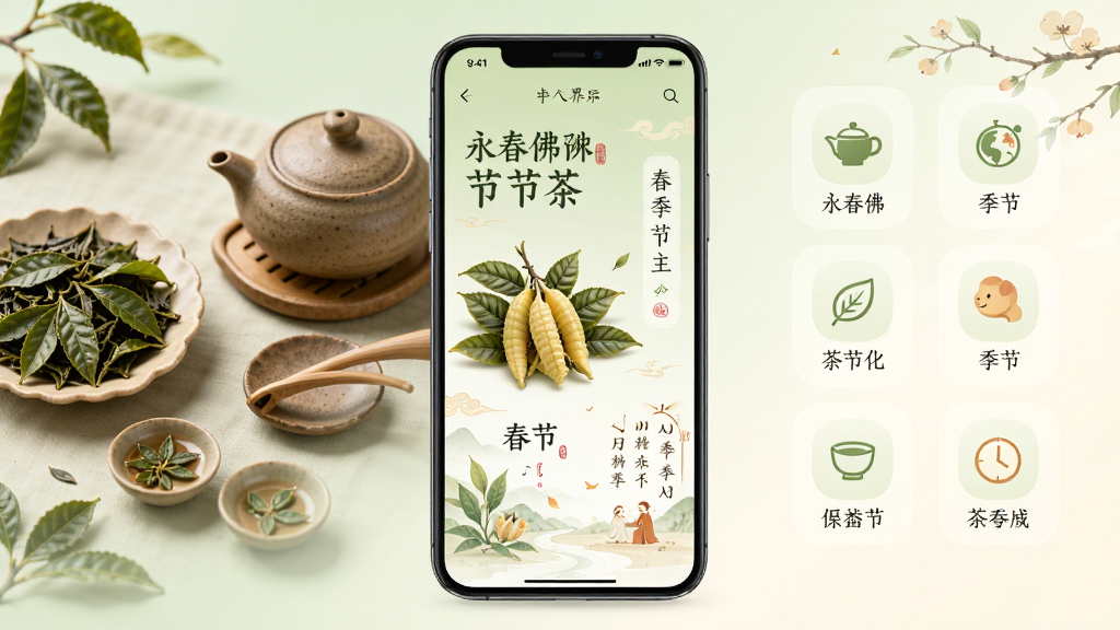 ӵ��Ӧ��������չʾ�������������ֻ���Ļ����Ļ�ڳ������µĲ��Ļ�������棬���������ֲ�Ҷͼ���ʹ��������廭�������ǵ���ɫ���װ�ɫ���䣬��������ǲ�Ҷ�Ͳ�ߵ�ʵ��ͼ���Ҳ���Ӧ�ù���ģ��ͼ�꣬�������������£��Ű����ҶԳƣ�ϸ�ڰ�����Ҷ�����ͽ������֣����ʸ��壬�ɾ����޶���Ԫ��