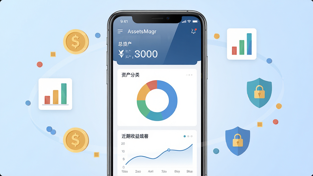 AssetsMgr�ʲ��ܼ�����������ȫòչʾ�������������ֻ���Ļ����Ļ�ڳ����ʲ������Ǳ��̣��������ʲ����֡��ʲ����໷��ͼ�������������ߵ�Ԫ�أ��ֻ���Χ���ƽ�ҡ�ͼ�������Ƶȱ�ƽ��ͼ�꣬���岼�־��жԳƣ����Ϊ�ִ����Ƽ��磬ϸ������Ļ����΢�߹ⷴ�䣬����Ϊǳ�����䣬���������ɾ��޶���Ԫ��
