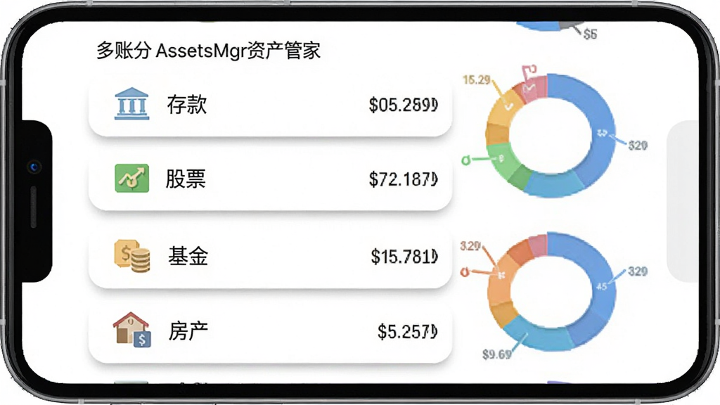AssetsMgr�ʲ��ܼҶ��ʲ�ͳһ���˹���չʾ������Ϊ�ֻ�Ӧ�ý��棬��Ļ����ʾ�ʲ������б�����������Ʊ�����𡢷�������Ŀ��ÿ������ͼ��ͽ��Ҳ��л���ͳ��ͼ�����岼��Ϊ���½ṹ�����Ϊ���±�ƽ����ƣ�ϸ������Ŀ����΢��Ӱ�ָ�������Ϊ��ɫ�����������ɾ��޶���Ԫ��
