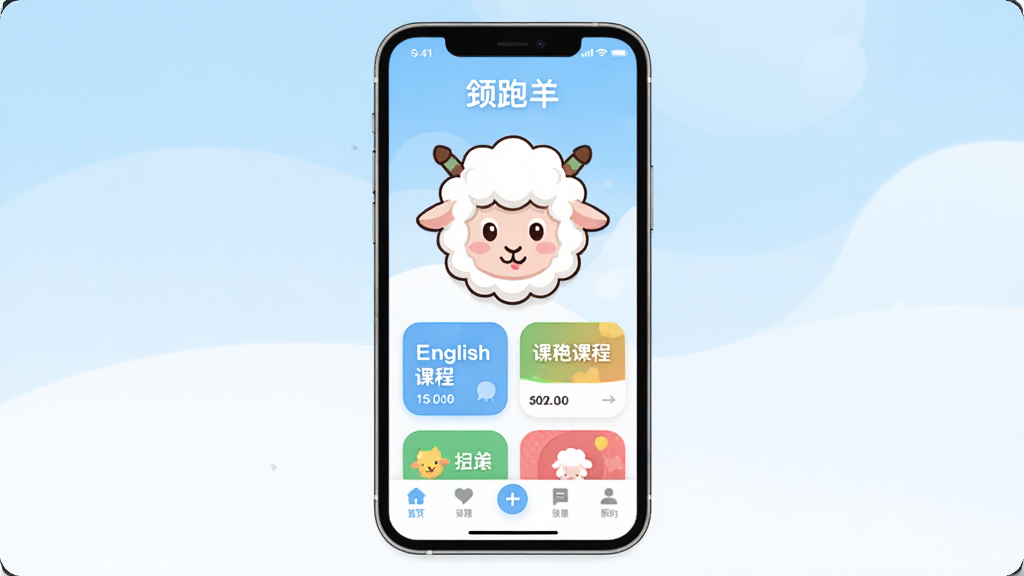 һ��չʾ������App�������ͼƬ����������Ϊһ�������ֻ�����Ļ����ʾ������Ӧ����ҳ��������ͨ������Ӣ��γ̿�Ƭ�͵ײ������������־��У�����Ϊ��͵�ǳ��ɫ���ɫ���䣬���Ϊ���¿�ͨ�磬ϸ�ڰ���Բ��ͼ�ꡢ����ɫ�ʺͼ�������Ű棬���������ɾ����޶���Ԫ�ء�