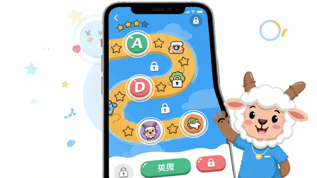 һ��չʾ������Appѧϰ·�������ͼƬ����������Ϊ�ֻ���Ļ����Ļ����ʾһ���ɶ��Բ�ιؿ���ɵ�����·����ÿ���ؿ�����Ӣ����ĸ�Ϳ�ͨͼ�꣬·������������������֣�����Ϊ�������У����Ϊ�����ƽ���廭�磬ϸ�ڰ����������ǡ�������ͷ�Ͳ�ɫ��ť�����������ɾ����޶���Ԫ�ء�