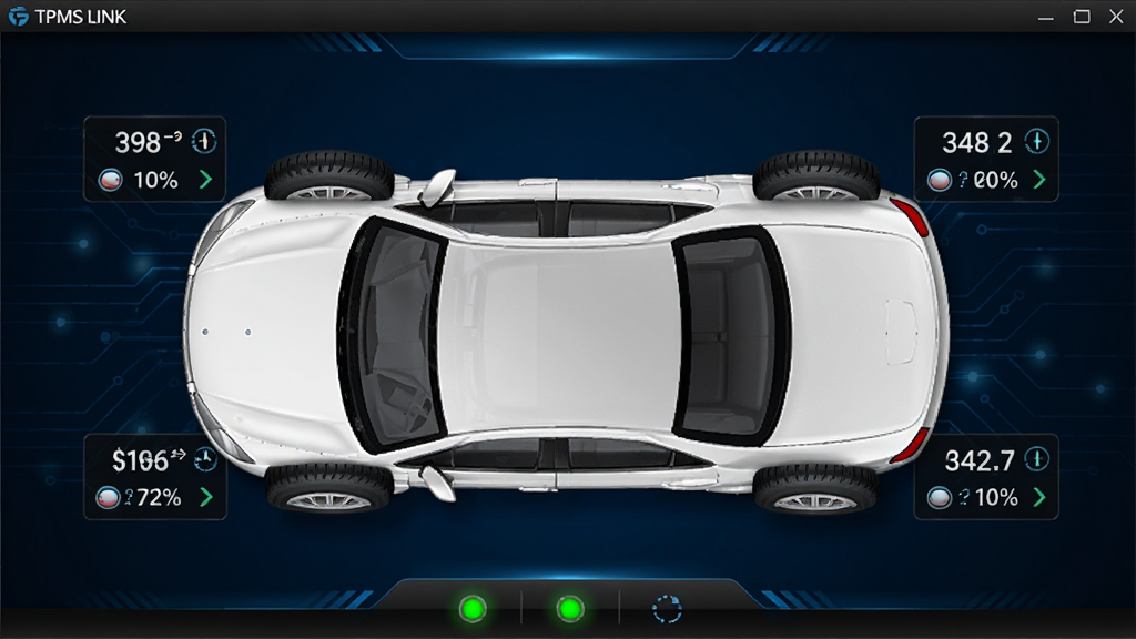TPMS LINK ���������棬��������չʾһ����ɫ�γ�����ͼ���ĸ���̥λ�÷ֱ���ʾ̥ѹ��ֵ���¶����ݣ��ײ�������״ָ̬ʾ�ƣ�����Ϊ����ɫ�Ƽ�������岼��������ϸ�ڷḻ�����廭�ʣ��ɾ��޶���Ԫ��
