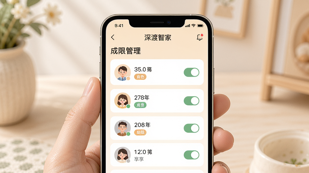 ����ǼҼ�ͥ������Ȩ�޹������棬����Ϊ�ֻ���Ļ��ʾ��Ա����ҳ�棬����Ϊ������ͥ�������·���Ա�б����Ű����������Ϊ��ܰǳɫϵ��ϸ�ڰ���ͷ�񡢽�ɫ��ǩ��Ȩ�޿���ͼ�꣬���ʸ��壬�ɾ����޶���Ԫ��