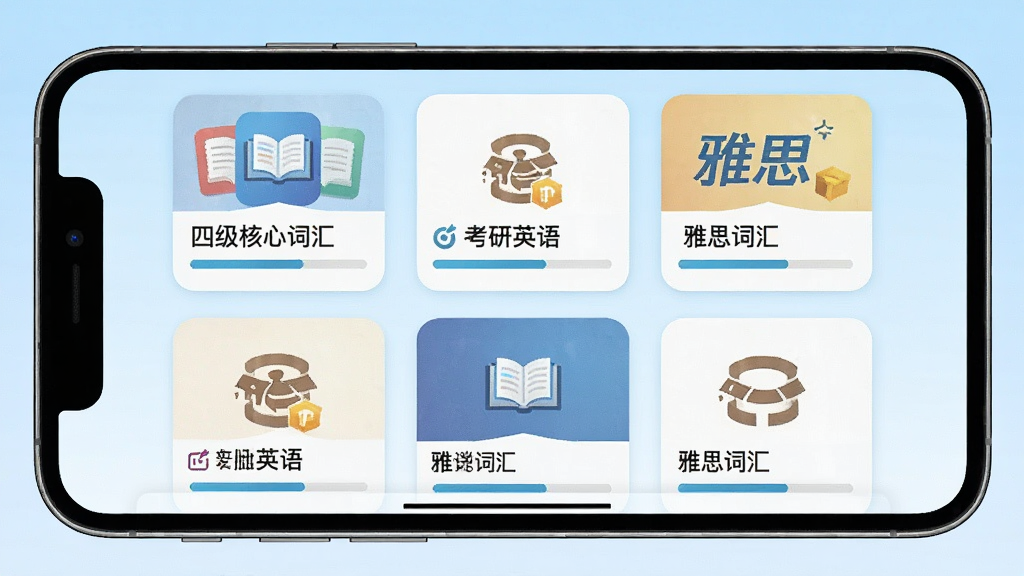 �����ʻ�԰�ʿ�ѡ����棬����չʾ�ֻ���Ļ�������Ŷ���ʿ���棬�硰�ļ����Ĵʻ㡱��������Ӣ�������˼�ʻ㡱�ȣ�ÿ�������ж�Ӧ��ͼ��ͽ������������ǵ���ɫ���䣬����������򣬻����������ɾ��޶���װ��