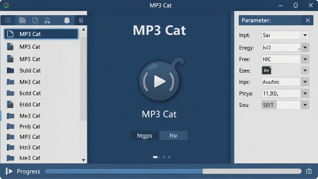 MP3 Cat���������棬����չʾ��Ƶ��ʽת��������壬���Ϊ�ļ��б������Ҳ�Ϊ�������������ײ���ת�������������岼�ּ����������������ɫ��ǳ��ɫ������ִ���ƽ����񣬽�������ʾ��MP3 Cat�����ֱ�ʶ��ϸ�ھ��£������������ɾ��޶���Ԫ��