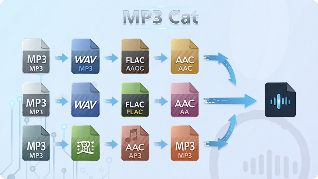 MP3 Cat���ʽת������չʾͼ�������������ж�����Ƶ��ʽͼ����MP3��WAV��FLAC��AAC�ȣ���ͷָ��ͳһ�����ʽ������Ϊǳɫ���䣬�����Ƽ��У������б�ע��MP3 Cat�����֣��Ű����룬�����������ɾ��޶���Ԫ��