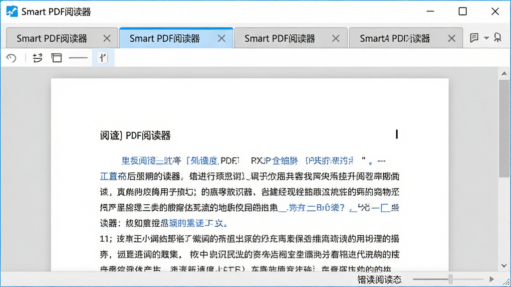 һ�����������ͼ����ͼƬ�������С�Smart PDF�Ķ��������ڶ��������Ŷ���ĵ���ǩҳ��ÿ����ǩҳ��ʾ��ͬ��PDF�ļ�������ǰ����ı�ǩҳ������ʾ���·�չʾ�ĵ����ݡ����岼��Ϊ���͵������������棬���Ϊ�ִ���Լ��ϸ�ڰ�����ǩҳ�Ĺرհ�ť����������״̬�������ʸ��壬�ɾ����޶���Ԫ�ء�