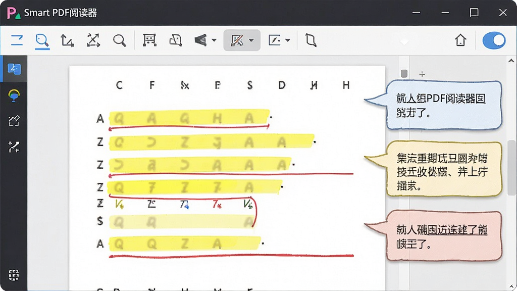 һ��չʾPDF�ĵ���ע���ܵ�ͼƬ�������С�Smart PDF�Ķ�������һ���ĵ����ĵ����л�ɫ������ǡ���ɫ�»��ߺͲ���ı�ע�Ϳ����岼�����ĵ�����Ϊ���ģ����Ϊ�칫ѧϰ������ϸ�ڰ����������ϵı�עͼ�ꡢ��ɫ��Ǻ�ע�����ݣ������������ɾ����޶���Ԫ�ء�