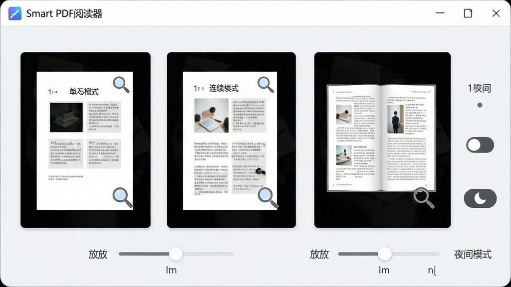 һ��չʾPDF�Ķ�ģʽ�л���ͼƬ�������С�Smart PDF�Ķ���������ͬʱչʾ��ҳģʽ������ҳģʽ��˫ҳ�Կ�ģʽ������ʾ�⣬�Ա������ű������ڻ����ҹ��ģʽ�л���ť�����岼��Ϊ����չʾ�ͣ����Ϊ��ˬǳɫ��ϸ�ڰ���ҳ������ͼ���Ŵ�ͼ�������ͼ�꣬���ʸ��壬�ɾ����޶���Ԫ�ء�