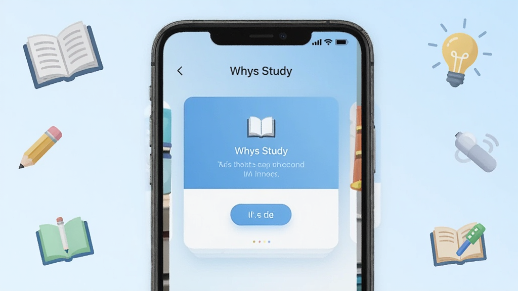 һ��չʾWhys Study������������ֻ���Ļ��ͼ�����������Ǽ�����ϰ��Ŀ��Ƭ������Ϊ����ɫ���䣬���ܻ������鱾��Ǧ�ʡ����ݵ�ѧϰԪ��ͼ�꣬�������������죬���������ɾ����޶���Ԫ��