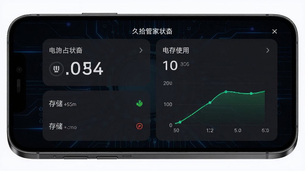 ��ʰ�ܼ��豸״̬���ؽ������棬�ֻ���Ļ��ʾ�����ٷֱȡ��洢ռ�á��ڴ�ʹ�ú͵�ؽ�������ͼ�������������������Ϊ��ɫ�Ƽ��磬���רҵ��ϸ�ھ��£����ʸ��壬�ɾ��޶���Ԫ��