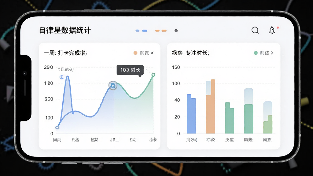 ����������ͳ��ҳ�棬�ֻ���Ļ��ʾ����ͼ����״ͼ��չʾһ�ܵĴ�����ʺ�רעʱ����ͼ����ɫ��ͣ�����Ϊ��ɫ��������£����ֺ�����ϸ�ڷḻ�����ʸ��壬�޶���Ԫ��