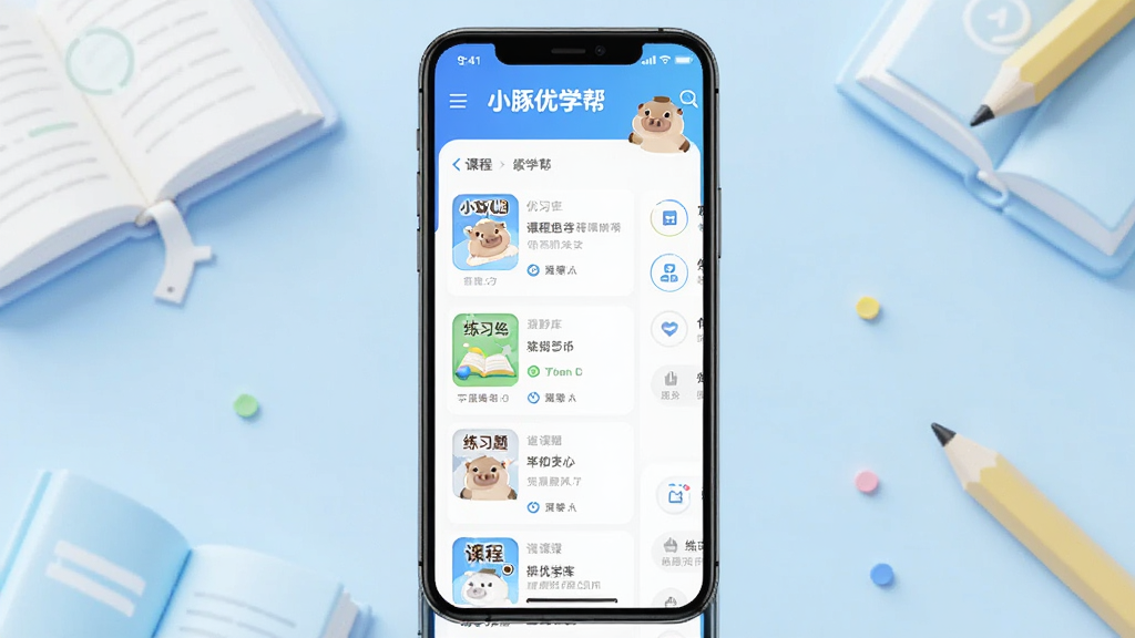 ������С����ѧ��App���ֻ���Ļ�ϵĽ���չʾ������Ϊһ�����������ֻ����з��ã���Ļ����ʾ�γ��б�����ϰ���ҳ�棬�Ű��������򣬷��Ϊ���½�����Ƽ��磬ϸ�ڰ�����Ļ�д���