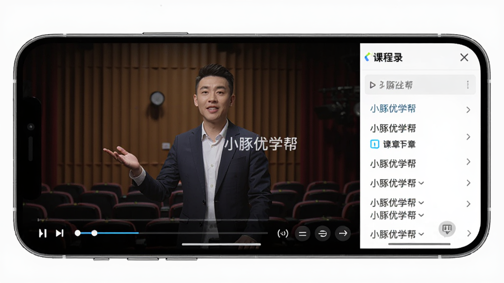 ������С����ѧ��App��Ƶ�γ̲��Ž��棬����Ϊ�ֻ�����չʾ����Ļ�ڳ��ֽ�ʦ�ڿλ���Ϳγ�Ŀ¼�������Ű�Ϊ���ҷ����ṹ�����Ϊ���߽���ƽ̨רҵ���ϸ�ڰ������Ž����������ٰ�ť���γ��½��б���