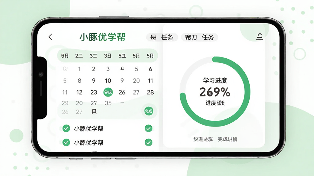 ������С����ѧ��Appѧϰ�ƻ�ҳ�棬����Ϊ�ֻ���Ļ����չʾ����Ļ�ڳ���������ͼ��ѧϰ���Ȼ���ͼ���Ű�Ϊ���·����ṹ�����Ϊ���»��������磬ϸ�ڰ���ÿ�������嵥����ɴ�ͼ�ꡢ���Ȱٷֱ����ֺ�