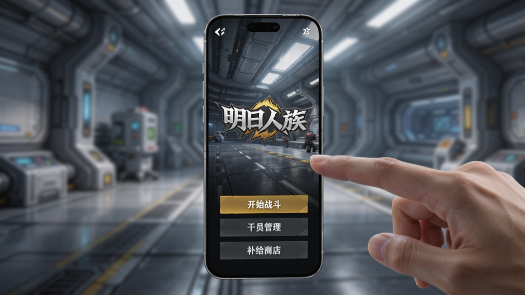 һ�������ֻ�������ʾ��Ϸ�����棬�������С��������塱��Logo���·��С���ʼս��������Ա�������������̵ꡱ�Ȱ�ť�������ǿƻû����ڲ��������Ҳ���һֻ�����ڵ����Ļ��������Ϊ��Ʒչʾͼ�����������������������ɾ�������Ԫ��