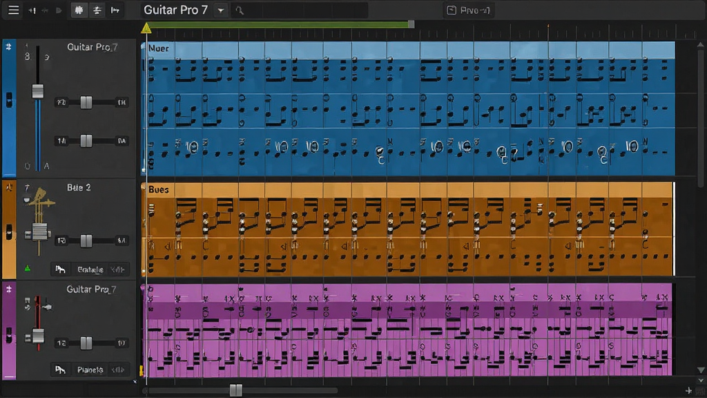 Guitar Pro 7 ���༭������д����������ʾ������ͬ��ɫ������ֱ��עΪ��������˹����������٣�ÿ�������Ϸֲ����ܼ�����������ұ�ǣ���������רҵ��ɫ�����������ɫΪ����ϸ�ڰ����������ڻ����뾲�����ఴť�������������ɾ����޶���Ԫ��