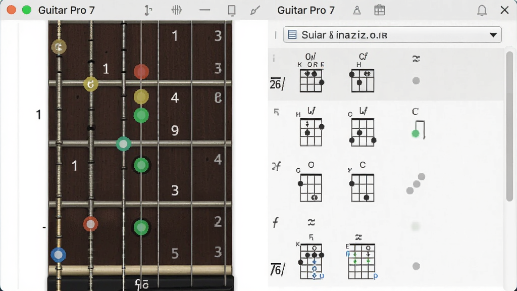 Guitar Pro 7 ���������׹��߽��棬�������Ϊ����ָ��ͼ��ָ�����Բ�ɫԲ���ע����λ�ã��Ҳ�Ϊ����ͼ�б�������ѡ�������򣬲���Ϊ���ҷ���ʽ�����Ϊ��ѧ�������õ�����ɫ����ϸ�ڰ���Ʒλ���֡���ָ�������ű�ʶ�������������ɾ����޶���Ԫ��
