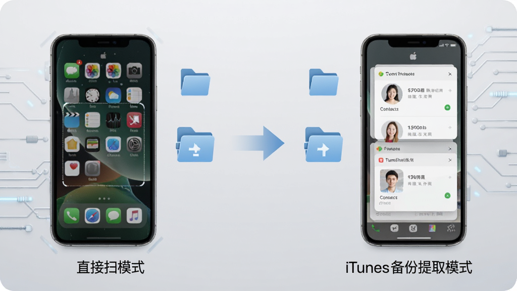 ƻ���ֻ�ͨѶ¼�ָ���������չʾͼ���������չʾiPhone�豸ֱ��ɨ��ģʽ���Ҳ�չʾiTunes������ȡģʽ���м��ü�ͷ���ӣ�����Ϊǳ��ɫ�Ƽ���񣬻����а����ֻ�ͼ�ꡢ�����ļ�ͼ�ꡢ��ϵ�˿�Ƭ��Ԫ�أ��Ű�Գƹ�����ϸ�����������ʸ��壬�ɾ��޶���Ԫ��