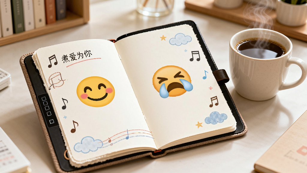 ����չʾһ���򿪵ĵ����ռǱ����ռǱ�ҳ����ʾ��Ц���Ϳ����ı�����ţ�ҳ���Ե���������ƶ�װ�Σ��ռǱ��Ա߷���һ��ð�������Ŀ��ȣ���������͵���������������������գ������������ɾ����޶���Ԫ�أ��ռǱ�������������