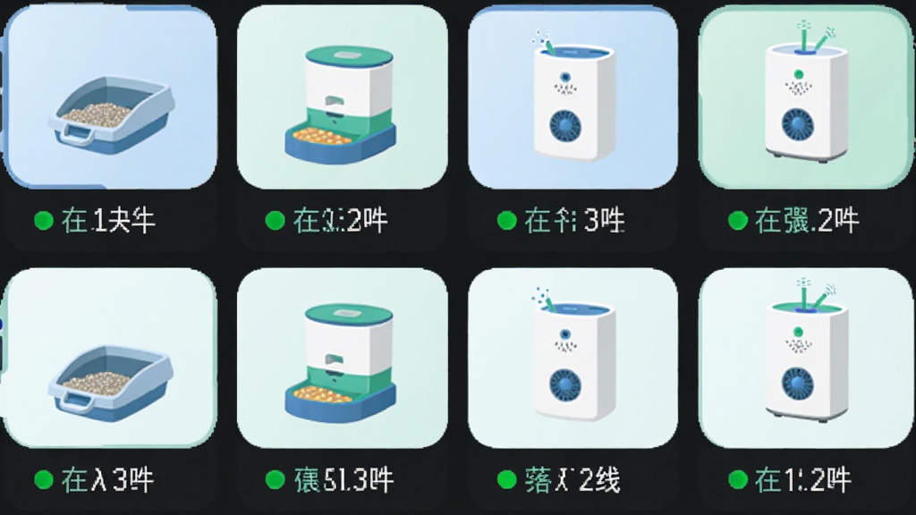 һ��չʾ��С��App�豸���������ʾ��ͼ���������ж���豸ͼ���������У�����èɰ�衢ιʳ���;�������ÿ��ͼ���·���ʾ����״̬�͹ؼ����ݣ�����Ϊ����״�����Ϊ��ƽ���Ƽ��У�ϸ�ڰ�����͵���ɫ����ɫ��׺�����ʸ��壬�ɾ����޶���Ԫ��