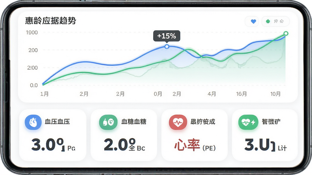 �����ǻ���Ӧ�õĽ������ݼ�¼���棬����Ϊ���½ṹ���Ϸ���ʾ��������ͼ���·�����Ѫѹ��Ѫ�ǡ����ʵ����ݿ�Ƭ���Ű����룬���Ϊ����ҽ�Ʒ磬ϸ�ڰ�����ɫ����ɫ�����������������Ĵ�����֡�Բ��ͼ�꣬���ʸ��壬�ɾ��޶���Ԫ�أ�����Ϊ��ɫ��