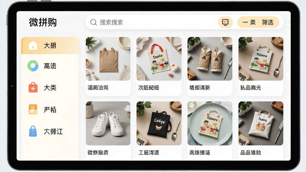 ����Ϊ��΢ƴ�������ർ�����棬���������ʾ��Ʒ����ͼ�꣬�Ҳ�����չʾ������Ʒ����ͼ�����ƣ��������������ɸѡ��ť�������������ǳɫϵ�����ֹ�����ϸ�����������ʸɾ����޶���Ԫ��