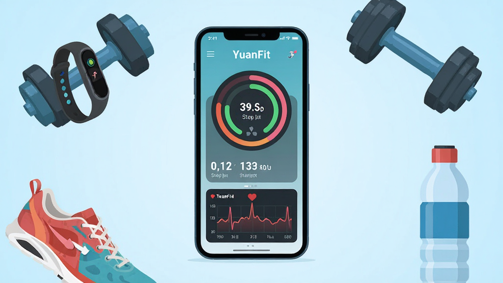 ��������չʾһ�������ֻ�����Ļ����ʾ�š�YuanFit��Ӧ�ý��棬�������Բ���˶����Ȼ�������ͳ�ƺ���������ͼ���ֻ���Χ�������˶��ֻ������塢��Ь��һƿˮ������Ϊǳ��ɫ���䣻�����Ű������죬���ñ�ƽ���廭���ϸ��������ɫ�����£����ʸ��壬�ɾ��޶���Ԫ�ء�