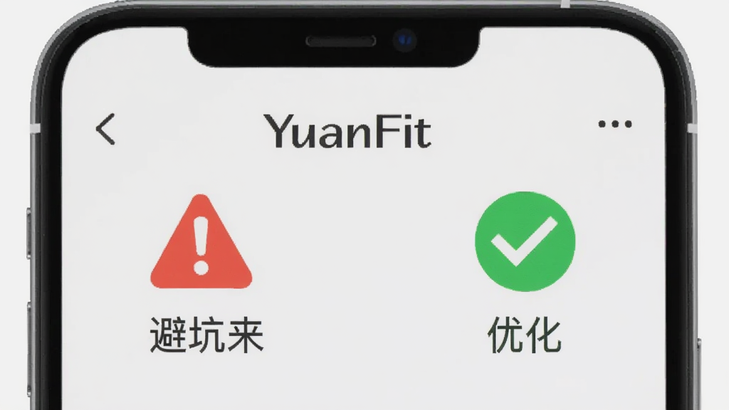 �ֻ���Ļ��ʾ��YuanFit����װ���棬�Ա��к�ɫ�����־����ɫ�Թ����ֱ�����ܿ����Ż�������Ϊǳ��ɫ������ƽ�����������������ʸɾ����޶���Ԫ�ء�