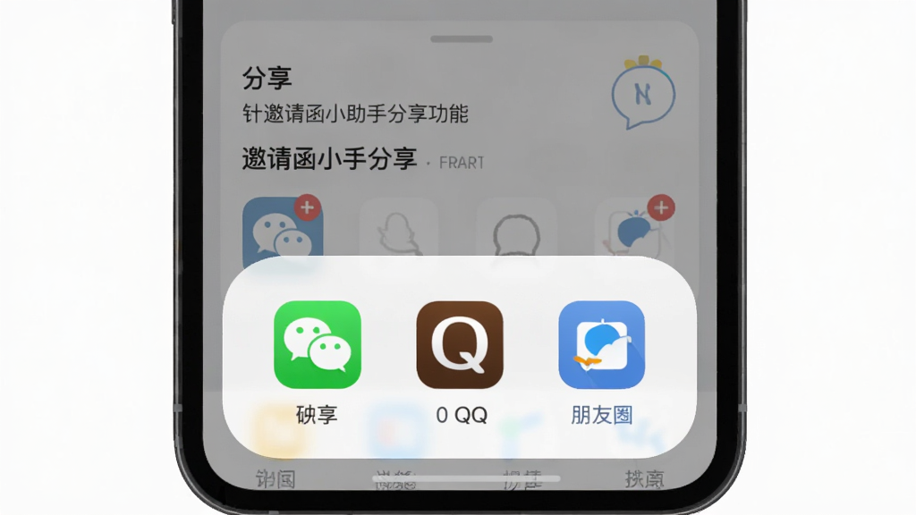 һ��չʾ���뺯С���ַ������ܵ�ͼƬ������Ϊ�ֻ���Ļ����Ļ�·�����������壬�������΢�š�QQ������Ȧ��ͼ�꣬����Ϊ�ײ����������Ϊ��ƽ���罻�������棬ϸ�ڰ���ͼ����ɫ������Բ�ǡ����ֲ㣬���ʸ��壬�ɾ����޶���Ԫ��