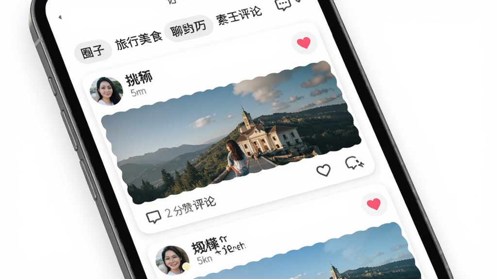 ����Լ��Լ����̬�㳡ҳ�棬�ֻ���Ļ��ʾ�ٲ���ͼ�Ŀ�Ƭ��ÿ�ſ�Ƭ���û�ͷ���ǳơ�ͼƬ�͵�����������������Ȧ�ӱ�ǩ����������ʳ��Ӱ��������ɫ�����Ϊ�罻��̬��UI��ϸ�������ε���ͼ����������ݣ������������ɾ����޶���Ԫ��