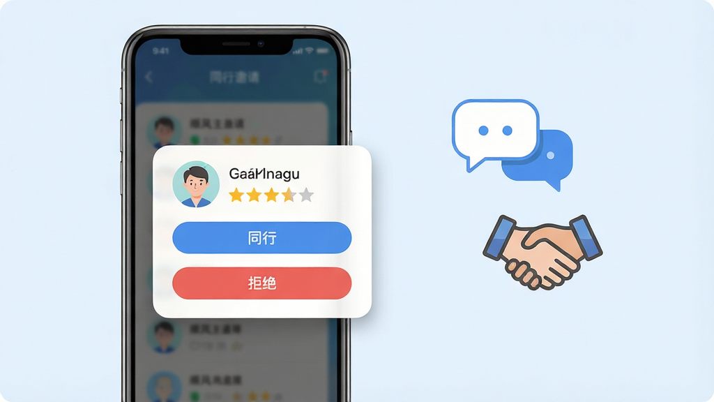 һ��չʾ˳�糵��ͬ��������ȷ�Ϲ��ܵĳ���ͼ��������һ���ֻ���ʾͬ�����뵯�����������г˿�ͷ�������Ǽ���ͬ�а�ť�;ܾ���ť���ֻ��Ա��жԻ����ݺ�����ͼ�꣬����Ϊ�ֻ���ͼ�����ʽ��ͼ�����Ϊ�Ѻ��罻�磬ϸ���ϵ�����Բ�Ǻ���ӰЧ��������Ϊ����ɫ�ɾ����������ʸ��壬����ɾ����޶���Ԫ�ء�