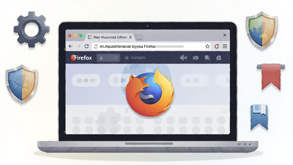 �����������һ̨�򿪵ıʼǱ����ԣ���Ļ����ʾFirefox �๦�ܰ�����������棬��ַ�����ǩҳ�����ɼ�����Χ���Ƴ��֡����ơ���ǩ��ͼ���������ܷḻ������Ϊǳɫ���䣬���ֲ��þ��й�ͼ�����Ϊ��ƽ���Ƽ��廭��ϸ�ڰ��������������Ӱ��ͼ��߹⣬���������ɾ����޶���Ԫ�ء�