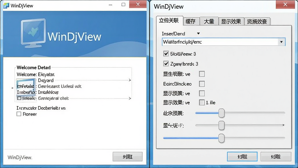 WinDjView安装向导与设置界面组合图,左侧展示安装向导欢迎页面,右侧展示软件选项设置对话框,对话框中包含文件关联、缓存大小、显示效果等选项卡,风格为软件操作流程示意图,细节包括安装路径选择框、复选框、滑块控件,画面中标注