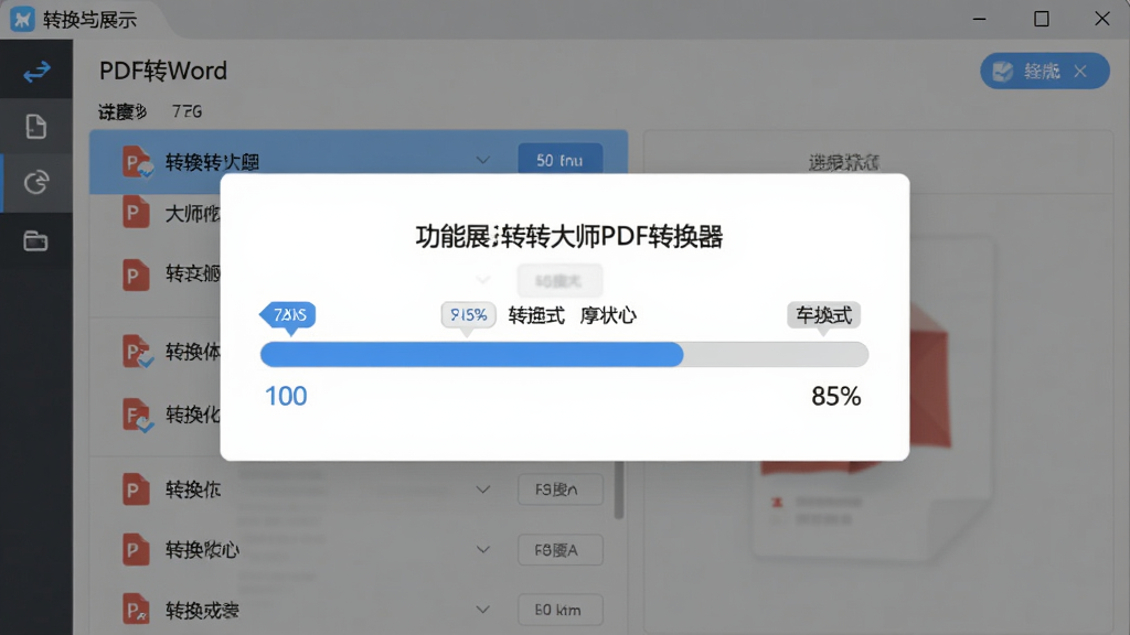 转转大师PDF转换器功能展示图,主体为软件界面中PDF转Word转换进度条,布局为居中弹窗,排版上显示文件列表与转换状态,风格为科技感扁平化设计,细节包含转换箭头图标、格式标签、进度百分比,画质清晰,干净,无多余元素