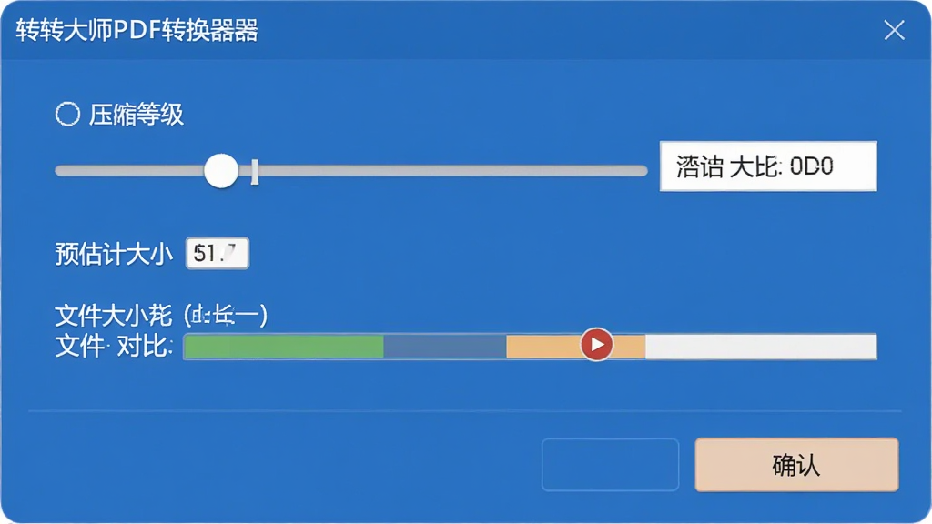 转转大师PDF转换器压缩功能界面图,主体为PDF压缩设置面板,布局为居中对话框,排版上显示压缩等级滑块与预估大小,风格为简洁工具风,细节包含压缩比例选项、文件大小对比条、确认按钮,画质清晰,干净,无多余元素