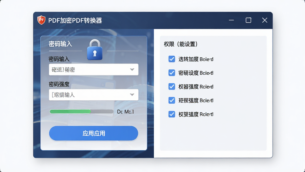 转转大师PDF转换器安全加密功能展示图,主体为PDF加密设置窗口,布局为左右分栏,排版上左侧为密码输入区,右侧为权限勾选项,风格为稳重安全风,细节包含锁形图标、密码强度提示、应用按钮,画质高清,干净,无多余元素
