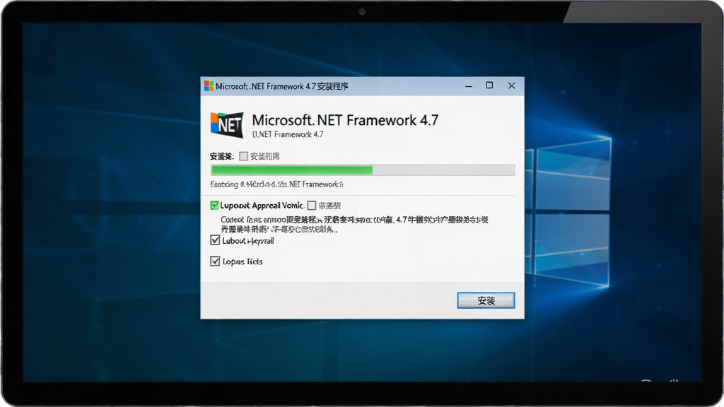 һ��չʾ Microsoft .NET Framework 4.7 ������װ�����ͼƬ�������ǵ�����Ļ���뵯���İ�װ�򵼴��ڣ����ڱ���д�š�Microsoft .NET Framework 4.7 ��װ���򡱣�����Ϊ������ʾ���Ű������������Ϊ�ִ��Ƽ��У�ϸ�ڰ��������ڽ�����������Э�鹴ѡ��͡���װ����ť������Ϊ���� 1080p���ɾ��޶���Ԫ��