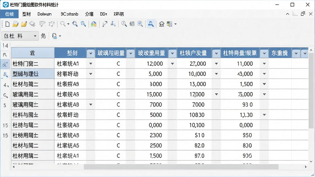 杜特门窗绘图软件材料统计界面,画面展示表格形式的型材与玻璃用量清单,数据排列整齐,界面干净专业,风格商务,画质清晰,无多余元素