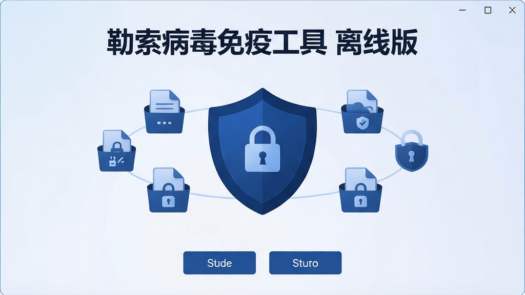 勒索病毒免疫工具 离线版软件界面全貌展示,主体为深蓝色调的安全防护盾牌图标位于画面中央,周围环绕着被保护的文件图标与锁形标志,布局采用居中对称式设计,上方为软件名称文字