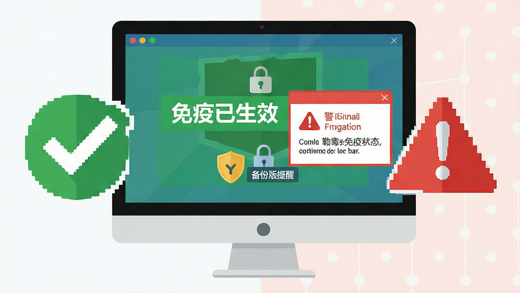 勒索病毒免疫工具 离线版使用注意事项示意图,主体为电脑屏幕显示免疫成功状态与警告提示框,布局为左侧成功对勾图标、右侧红色警告标志,排版采用对比式构图,风格为扁平化信息图,细节包括屏幕上的