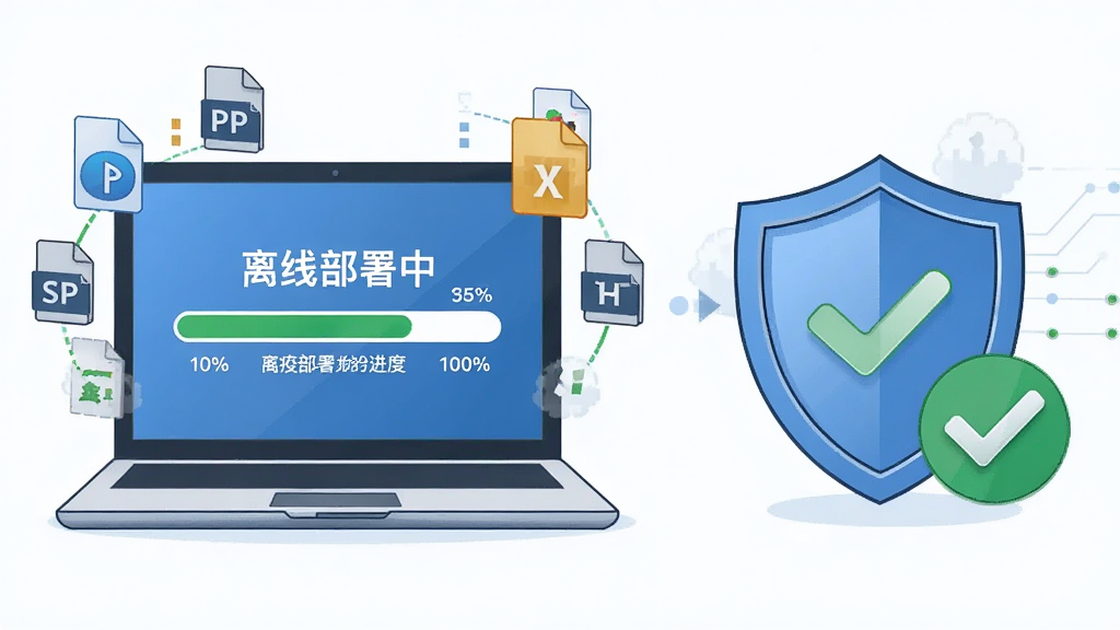 勒索病毒免疫工具 离线版离线部署功能展示图,主体为一台断网的笔记本电脑屏幕显示免疫部署进度条,布局为左侧电脑、右侧盾牌图标与对勾标志,排版采用横向对比形式,风格为简洁的科技插画风,细节包括屏幕上的