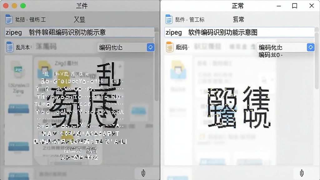 Zipeg 软件编码识别功能示意图,画面展示软件界面中文件名从乱码变为正常中文的对比效果,布局为左右分栏,左侧显示乱码状态,右侧显示正常状态,风格为简洁明了的对比展示,细节包括中文字符、编码选项下拉菜单,画质高清,干净,无多余元素
